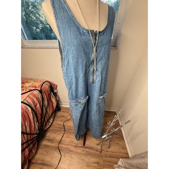 Vtg 90 Denim Jumper Maxi Dress L Front Zipper Pockets Modest Country Teacher Y2K - Picture 6 of 16